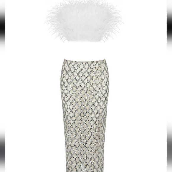 Strappples feather mesh skirt set ...top white feathers , skirt silver sequins. - Picture 3 of 7